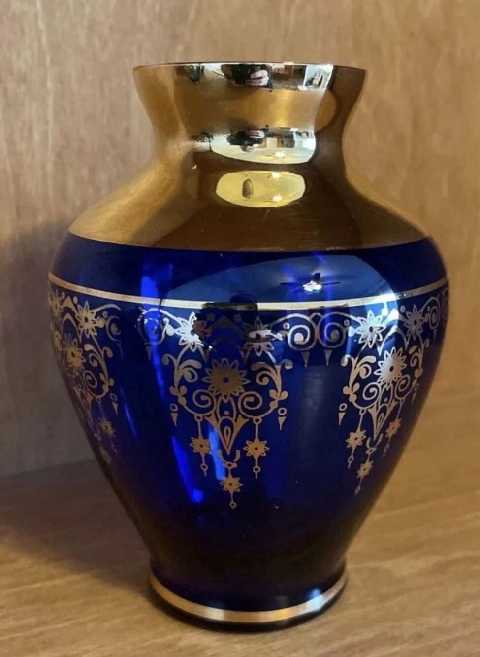 VTG Vecchia Murano Cobalt Blue Art Glass Vase w/ 24K Gold Gilt Trim &Filigree